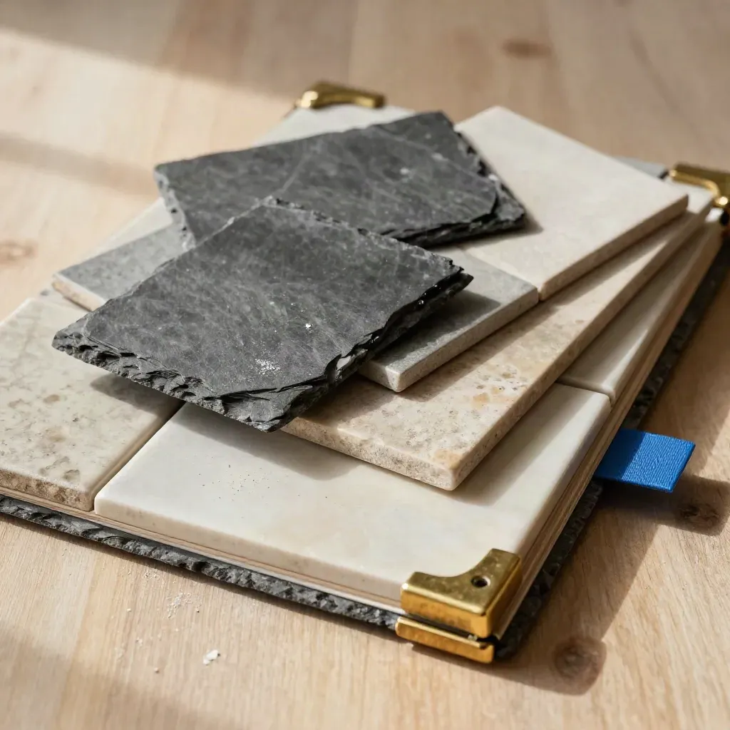 Top-down still life of slate, ceramic, brass samples and a binder on pale wood