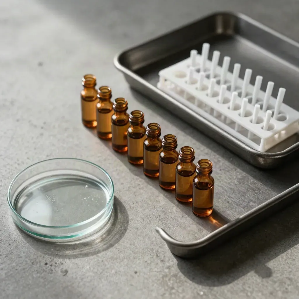 Amber lab vials, pipette tips, Petri dish and tray on concrete.