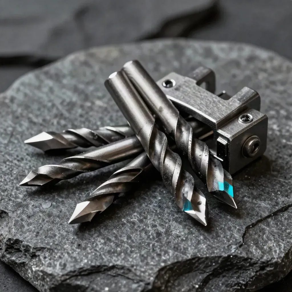 Machined steel offcuts, drill bits, fasteners, and clamp block on dark stone with cyan glint.