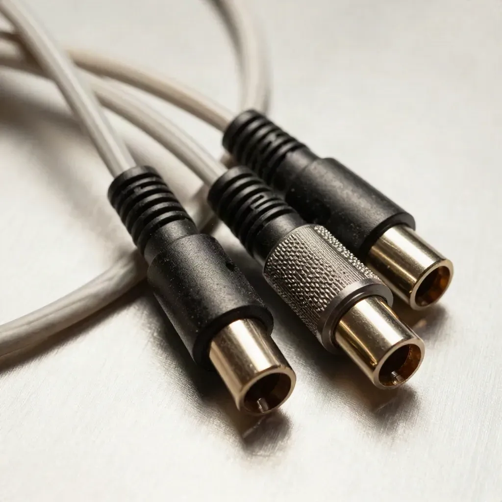 Braided audio cables and XLR connectors crossing on brushed metal