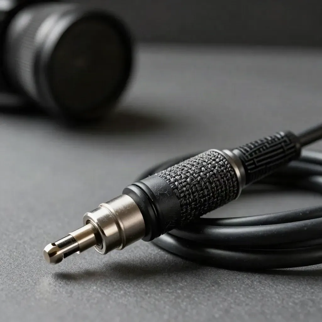 Macro of a shock mount, audio plug, and coiled cable on graphite felt.