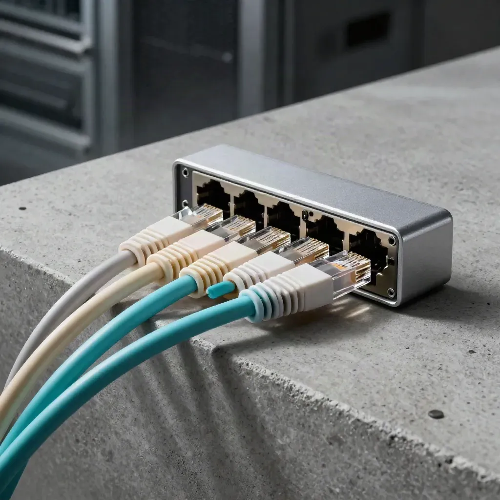 Ethernet couplers, fiber caps, switch module and clipped cables on concrete with cyan accent.
