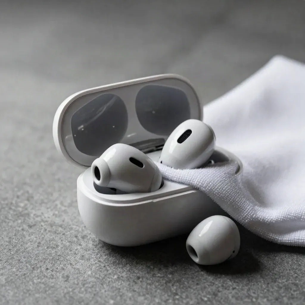 Macro of a wireless earbud lifting from its charging case beside a microfiber cloth.