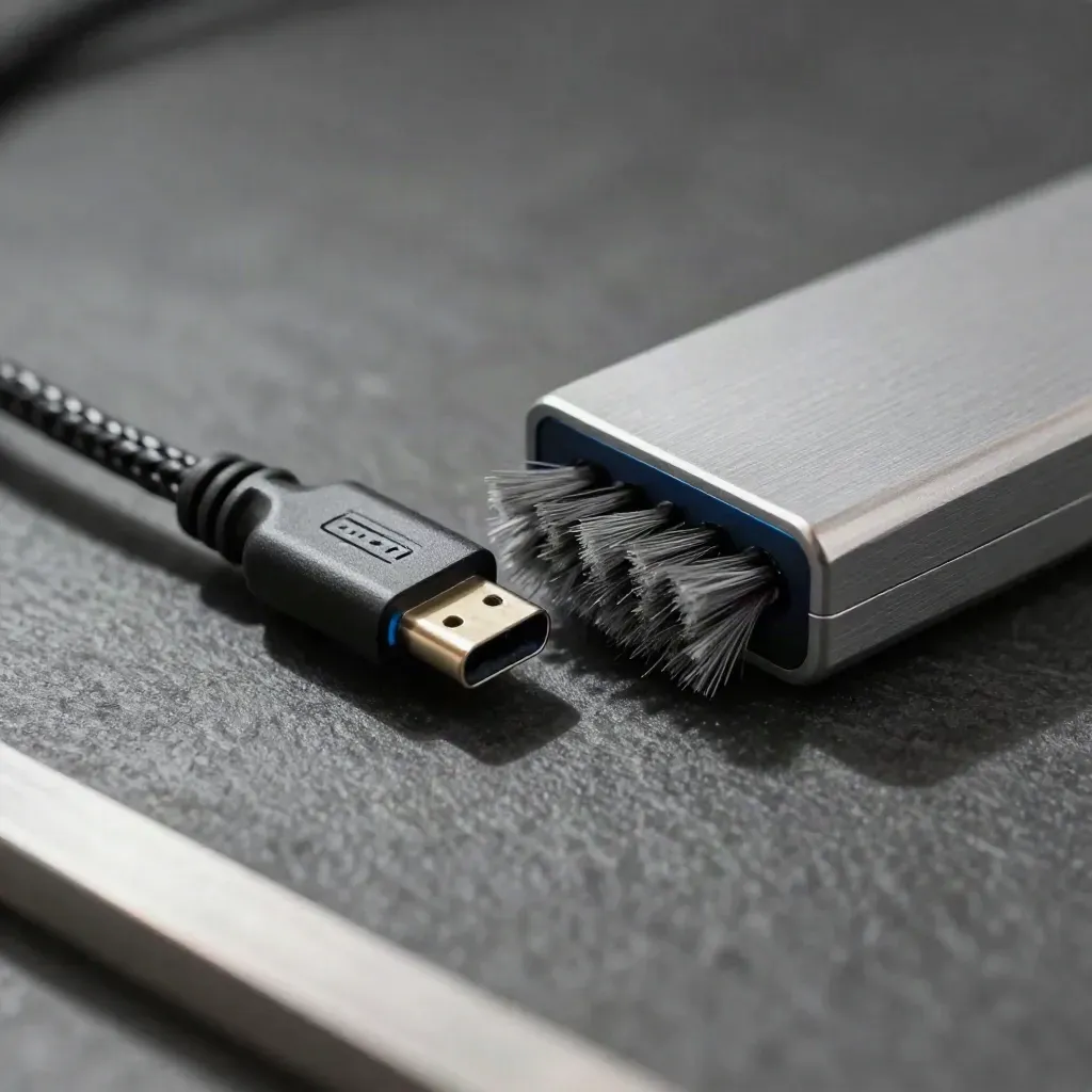 USB-C plug, lint brush, and braided cable beside a dock on a graphite surface.
