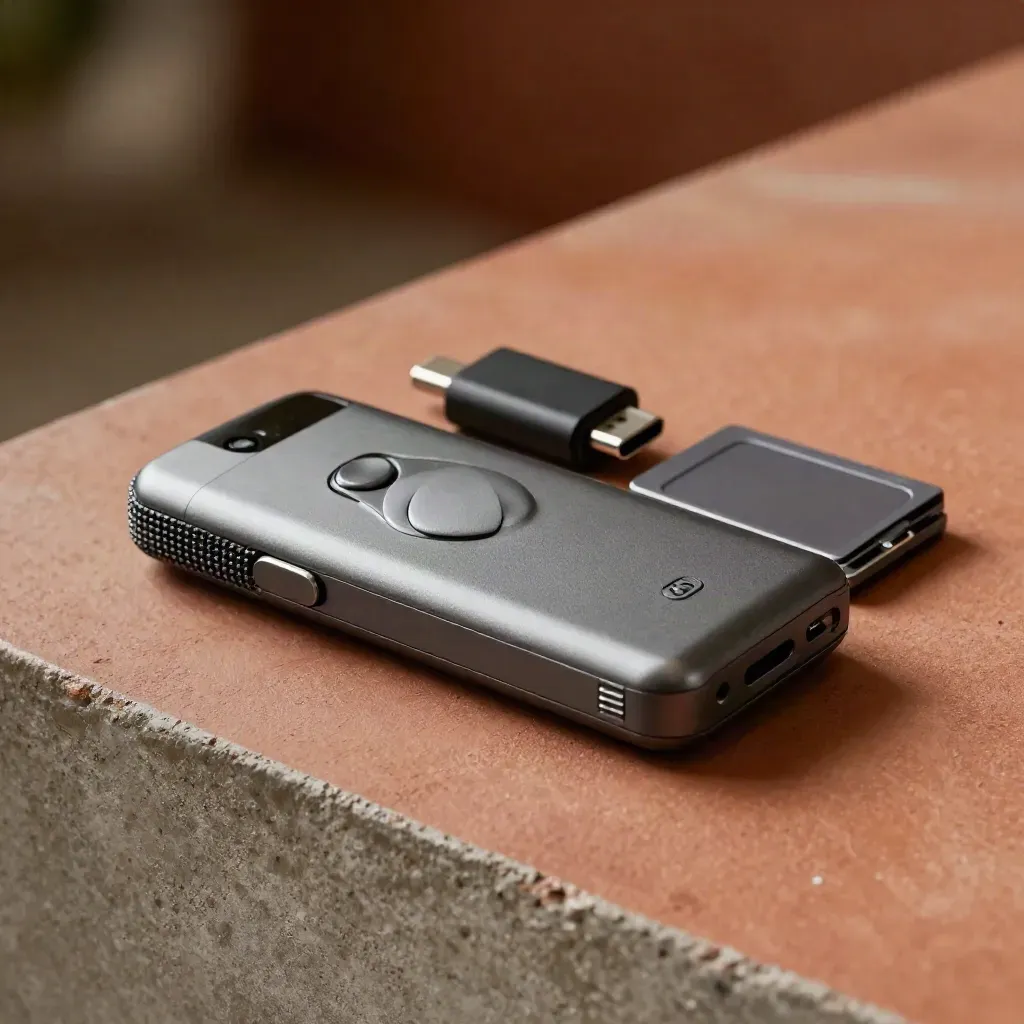 Voice recorder, USB-C adapter and memory card case on terracotta plaster, lit in close-up