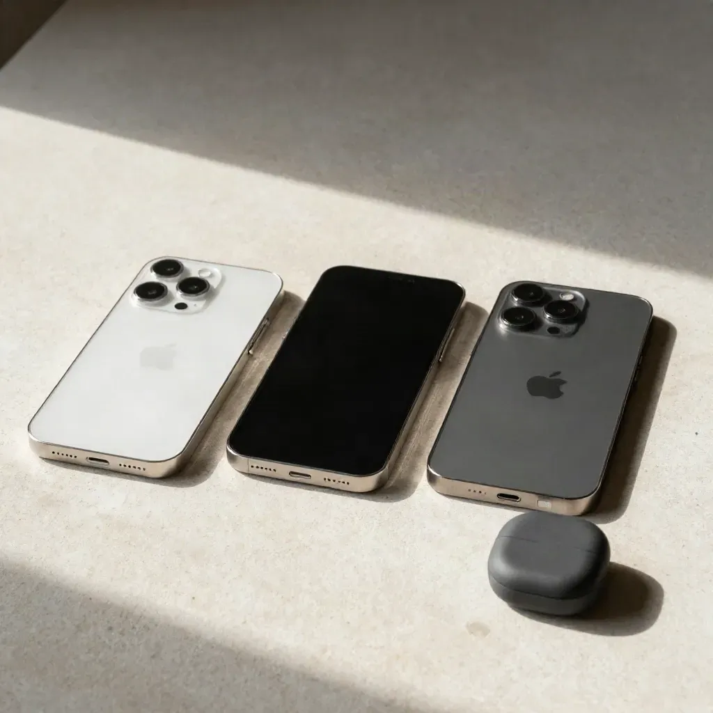 Top-down tech comparison flat lay with three phones, earbuds case, and charging puck.