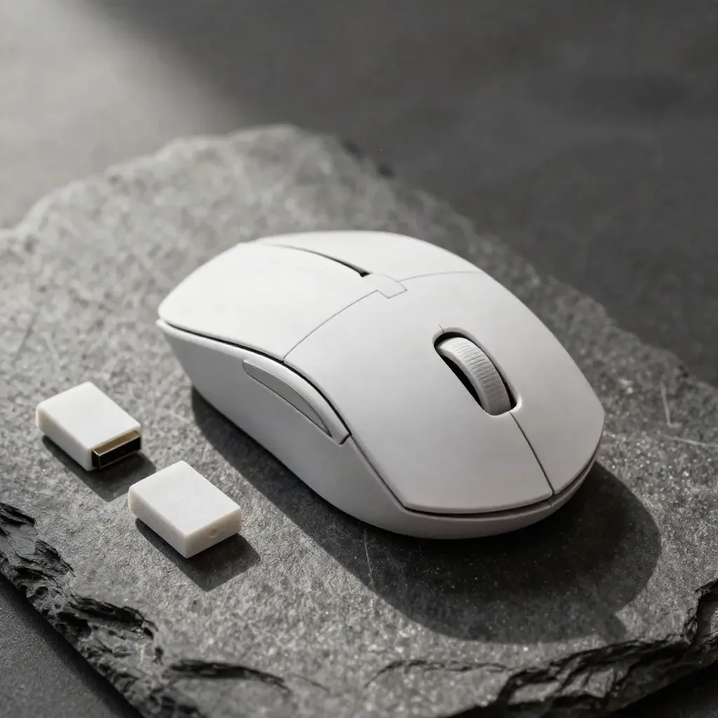 Macro gaming mouse with spare skates, USB receiver, and grip tape on slate stone.