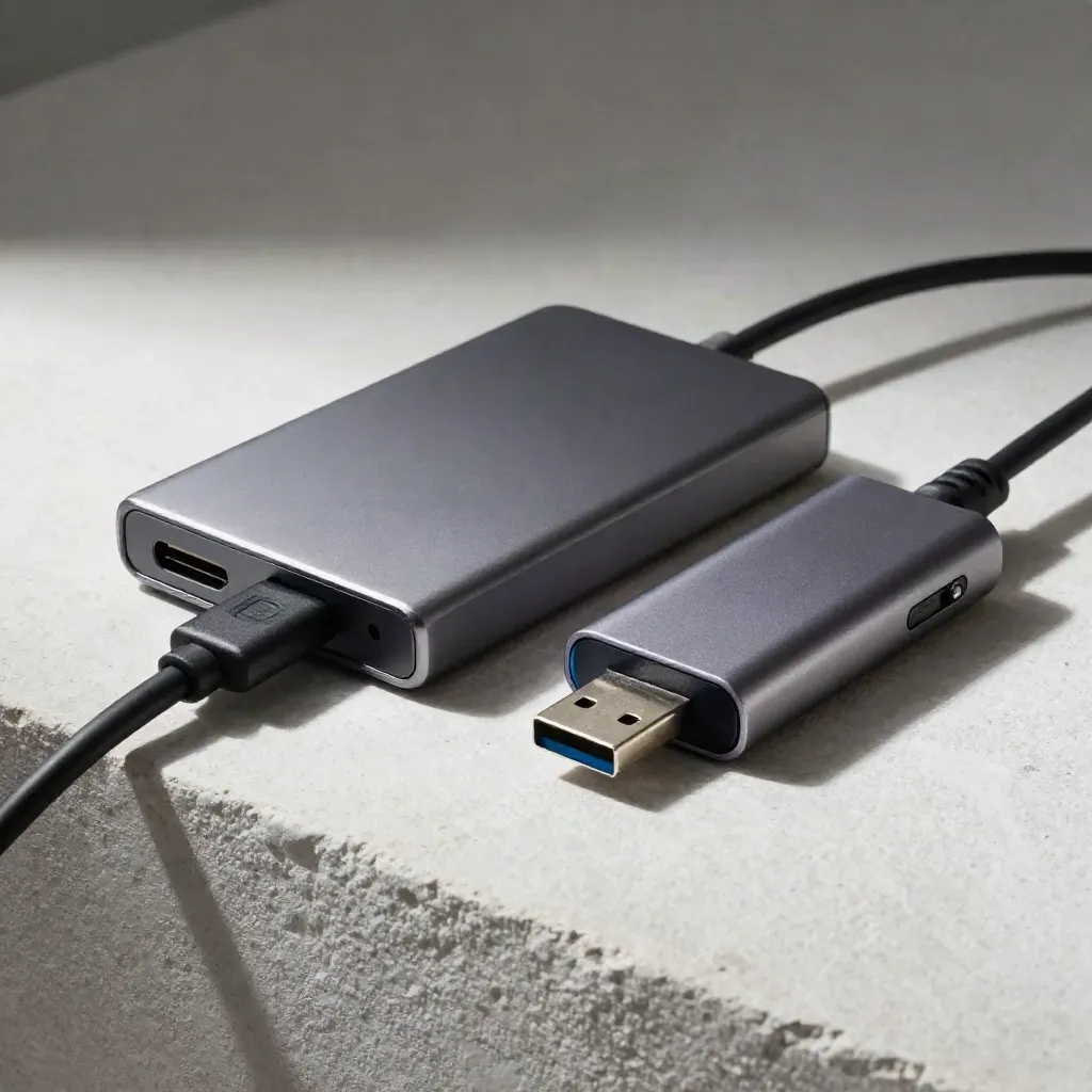 Portable SSD, USB cable, adapter, and hub on pale plaster under dramatic studio light.