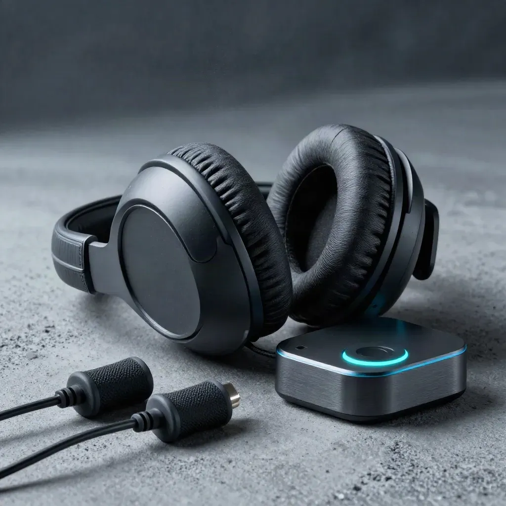 Macro of a gaming headset, thumb grips and charging dock on concrete with cool cyan accents.