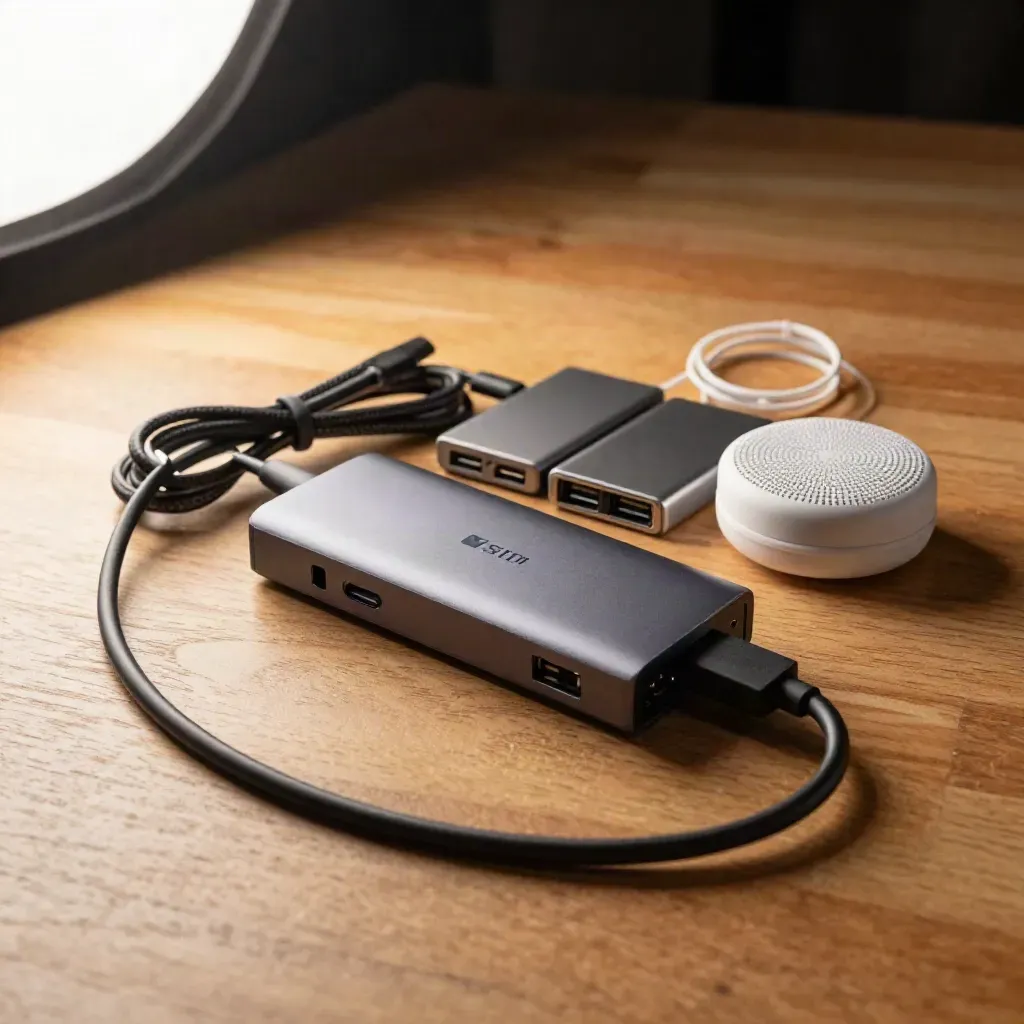 USB-C hub, SSDs, speakerphone, and cable ties on pale wood with a cable arc