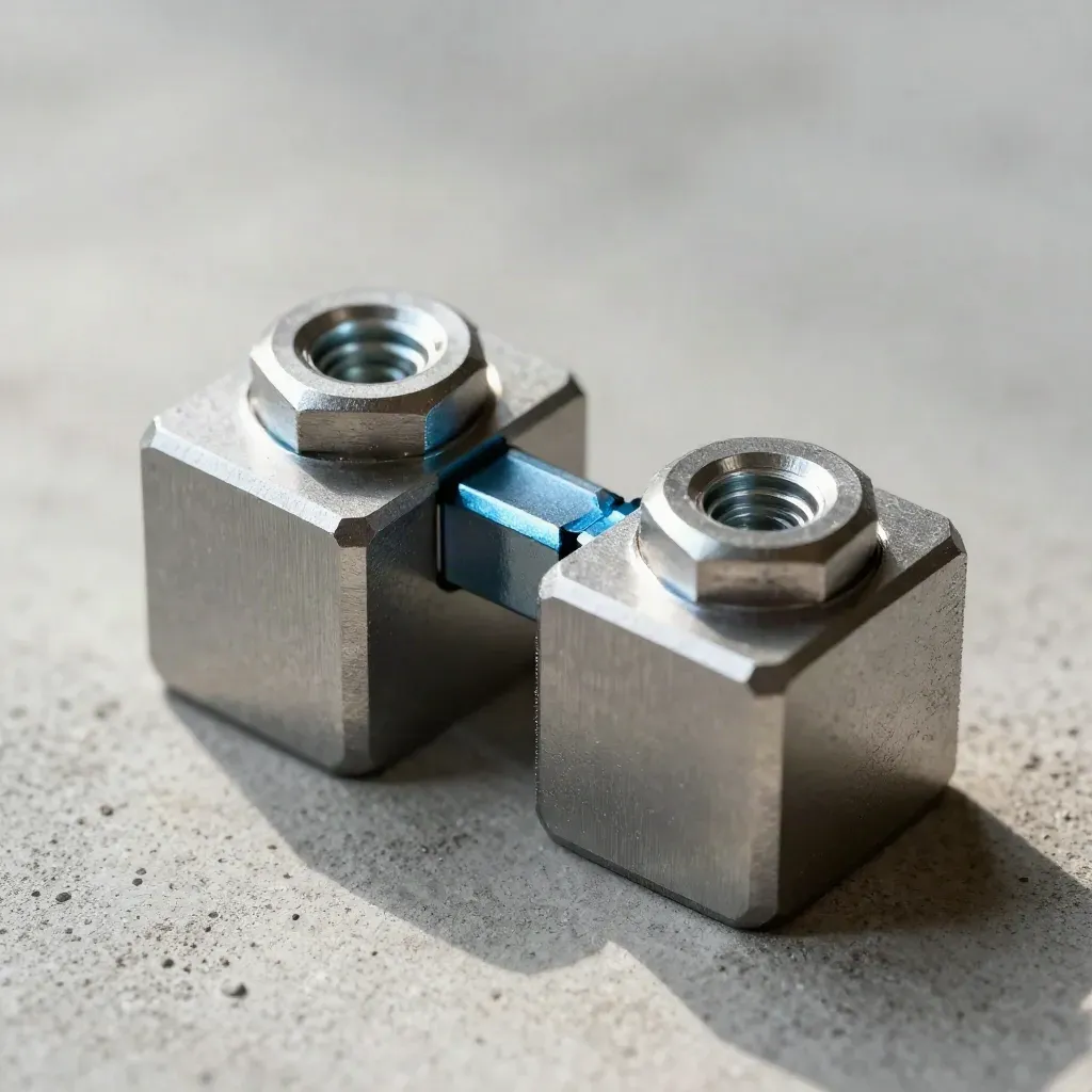 Macro of precision metal blocks and hex fasteners joined by a bridge piece on brushed concrete.