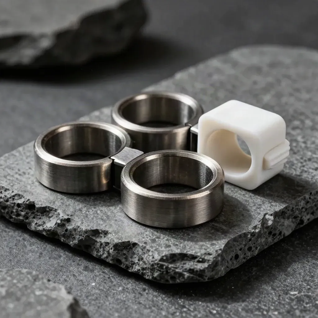 Interlocking metal rings and modular connectors on graphite stone under dramatic light.