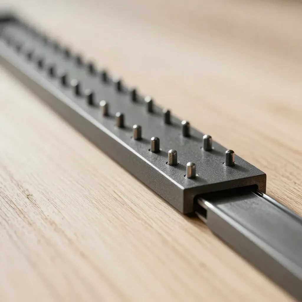 Graphite modular tiles and connector rail sliding into line on pale wood under raking light.