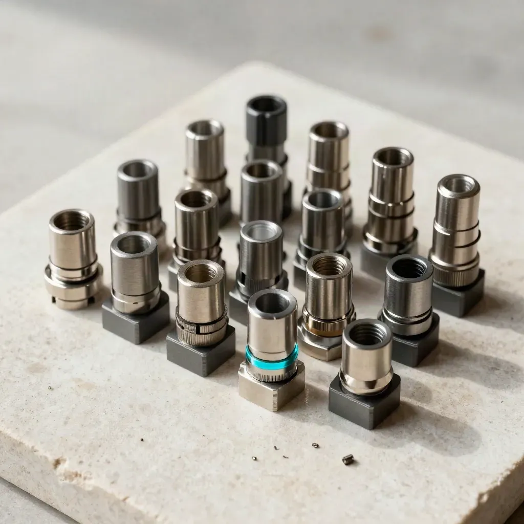 Top-down still life of precision connectors and modular blocks on pale stone with a cyan accent.